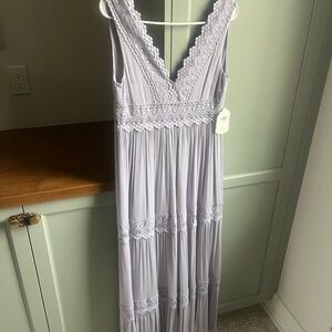 NWT lavender boho maxi dress with lace detail.